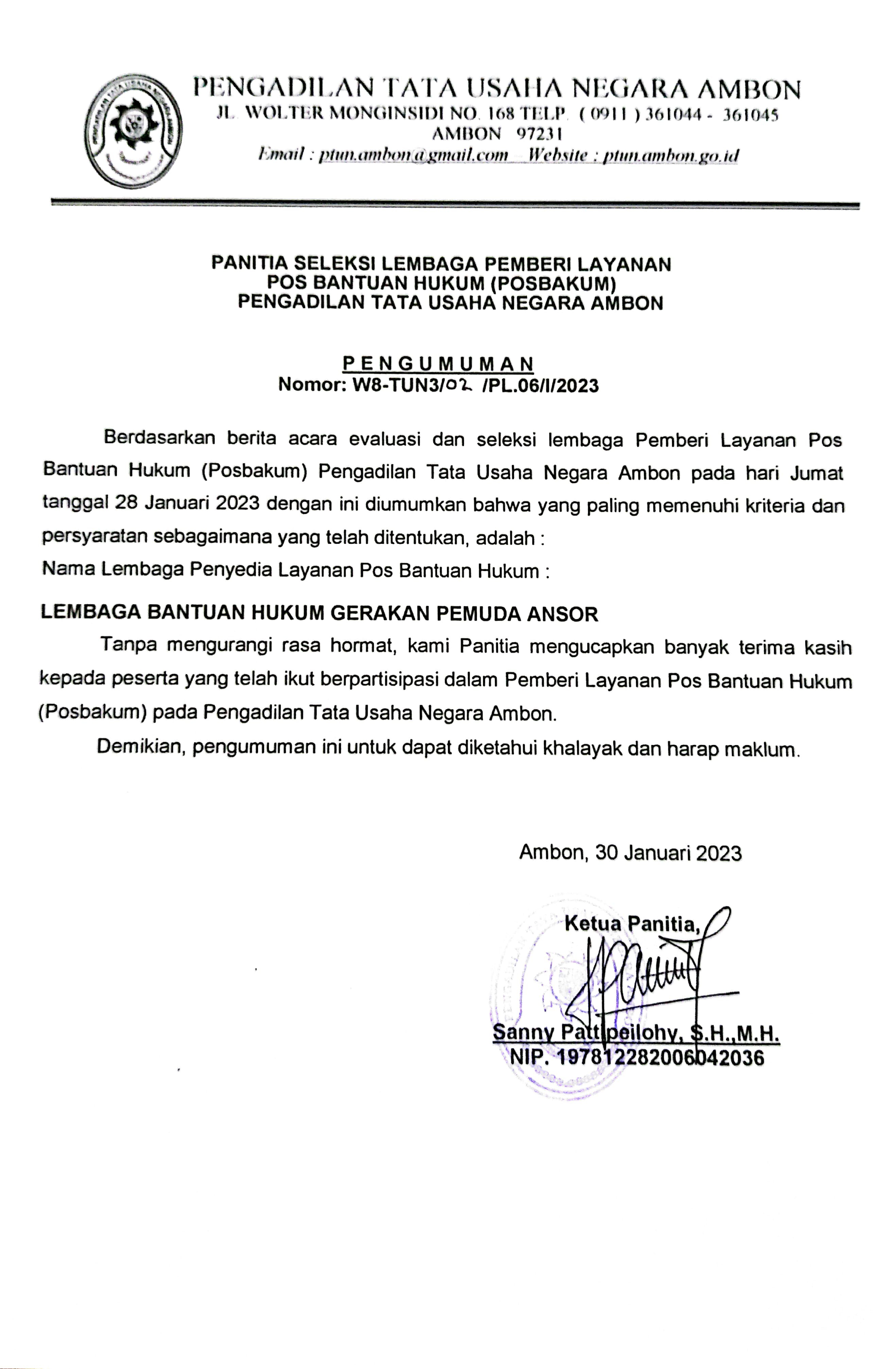 Pengumuman Panitia Seleksi Posbakum PTUN Ambon 2023